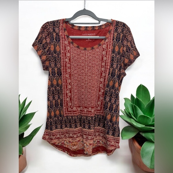 Lucky Brand Woman’s Boho Geometric Tribal Print Top Cotton Modal Size Medium - Picture 1 of 5